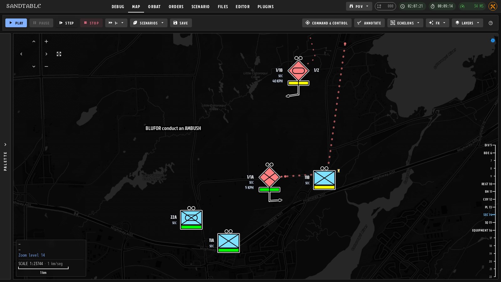 SANDTABLE map with APP-6 units on OpenStreetMap land cover and roads