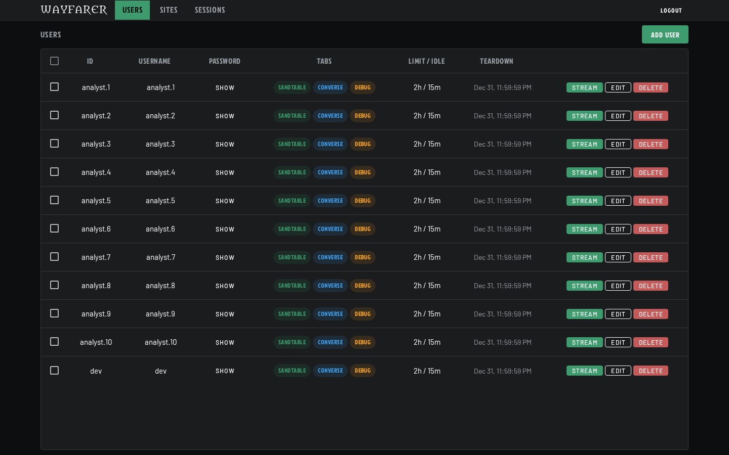 WAYFARER admin page for viewers